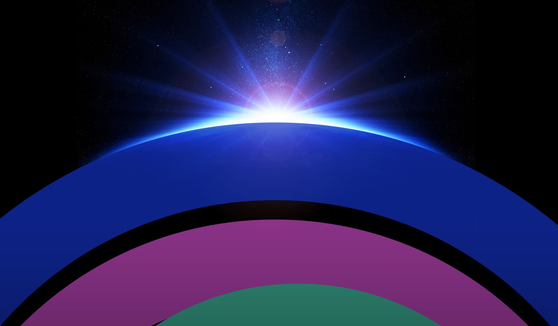 Rendered sun rising from behind the top of blue, purple, and green circular logo